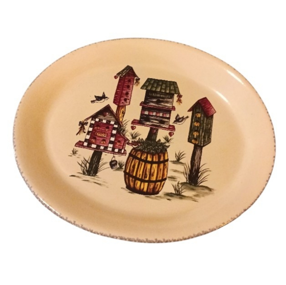 Vintage Decorative Platter with Birdhouse Design
